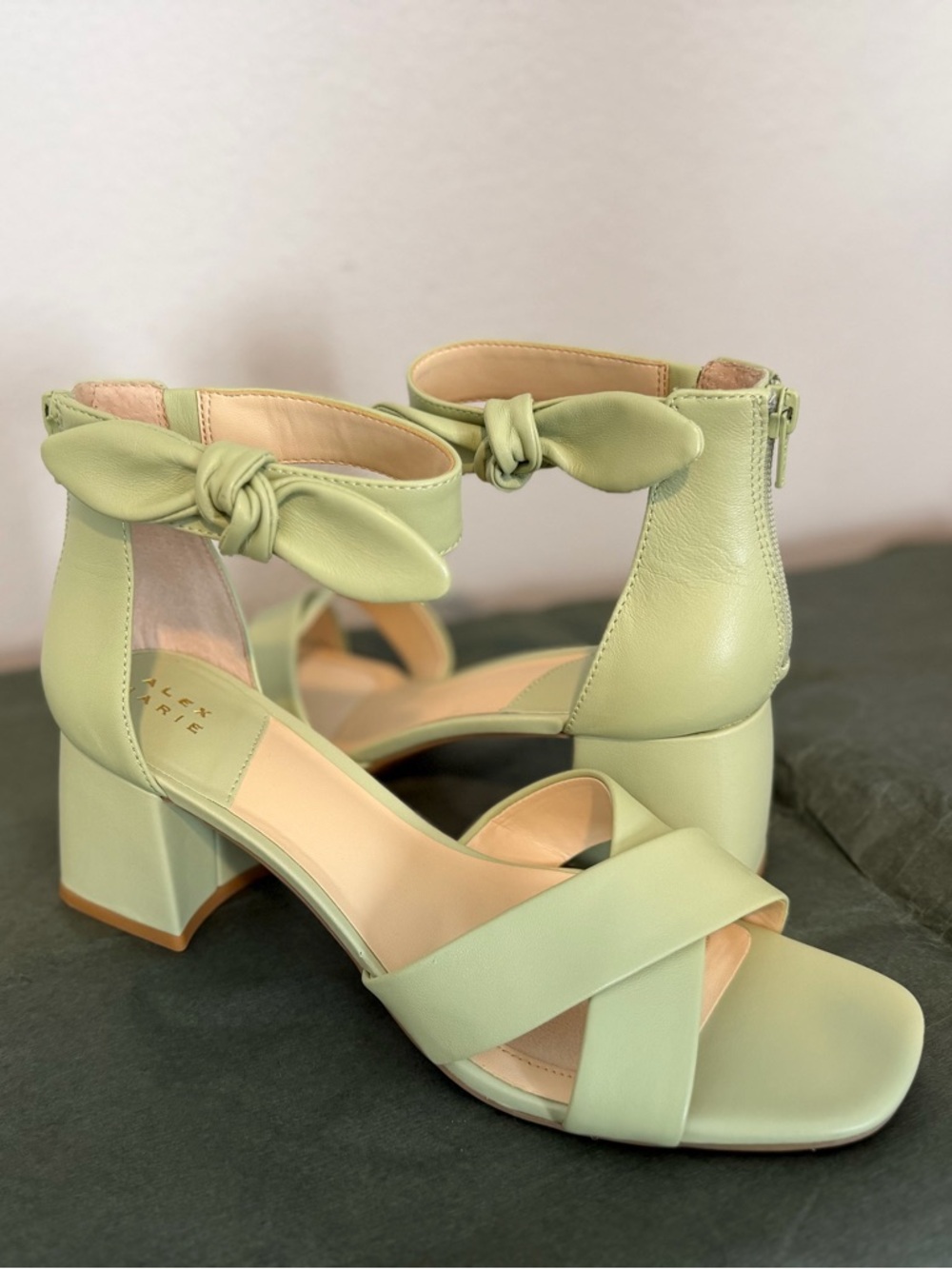 Alex Marie Sage Green Knot-Ankle Block Heel Sandals Size 10